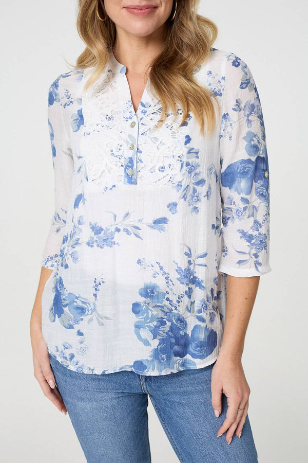 Blue | Floral 3/4 Sleeve Lace Trim Blouse