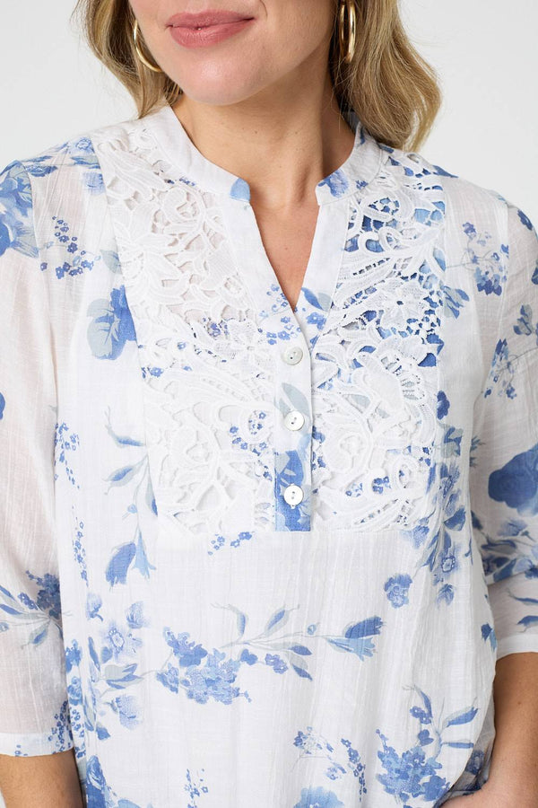 Blue | Floral 3/4 Sleeve Lace Trim Blouse