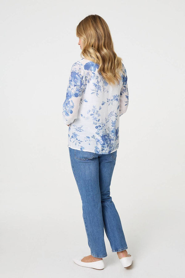 Blue | Floral 3/4 Sleeve Lace Trim Blouse