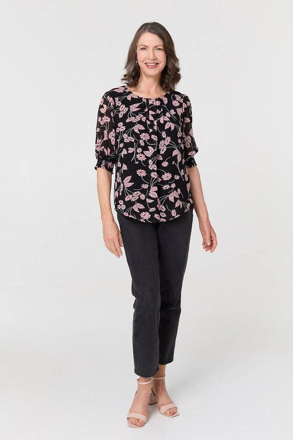 Black | Floral Relaxed 1/2 Puff Sleeve Blouse