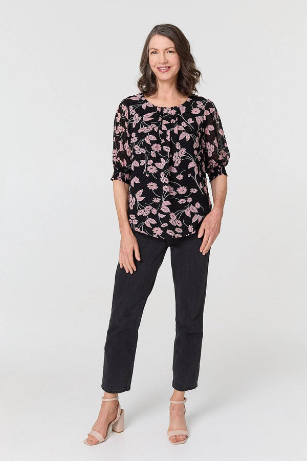 Black | Floral Relaxed 1/2 Puff Sleeve Blouse