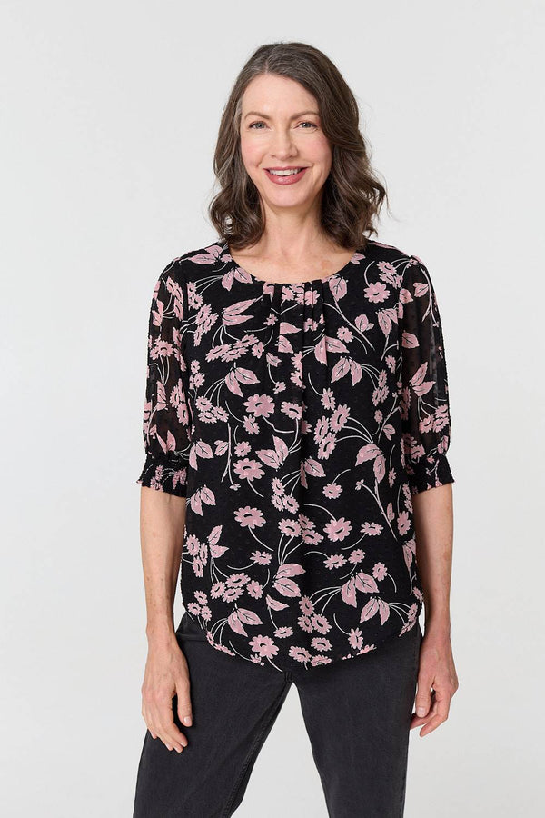 Black | Floral Relaxed 1/2 Puff Sleeve Blouse