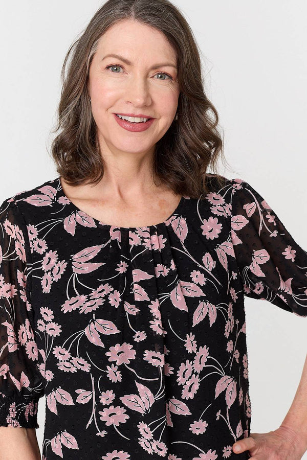 Black | Floral Relaxed 1/2 Puff Sleeve Blouse