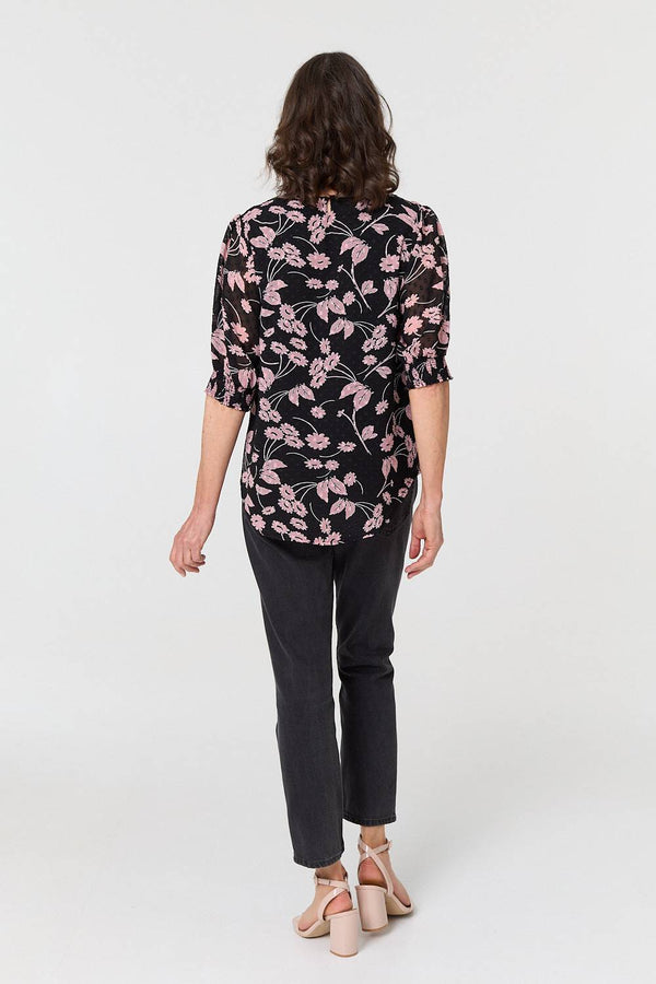 Black | Floral Relaxed 1/2 Puff Sleeve Blouse