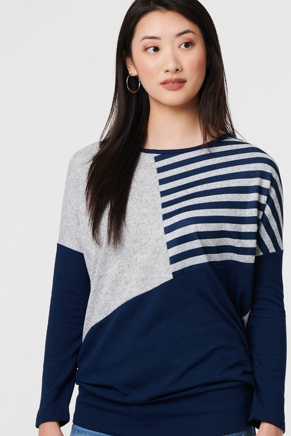 Navy | Geo Print Long Sleeve Drop Shoulder Top