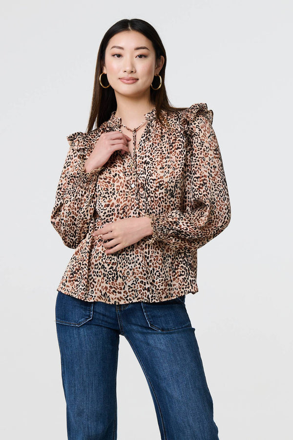 Beige | Animal Print Tie-Up Keyhole Neck Blouse