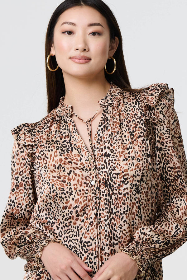 Beige | Animal Print Tie-Up Keyhole Neck Blouse