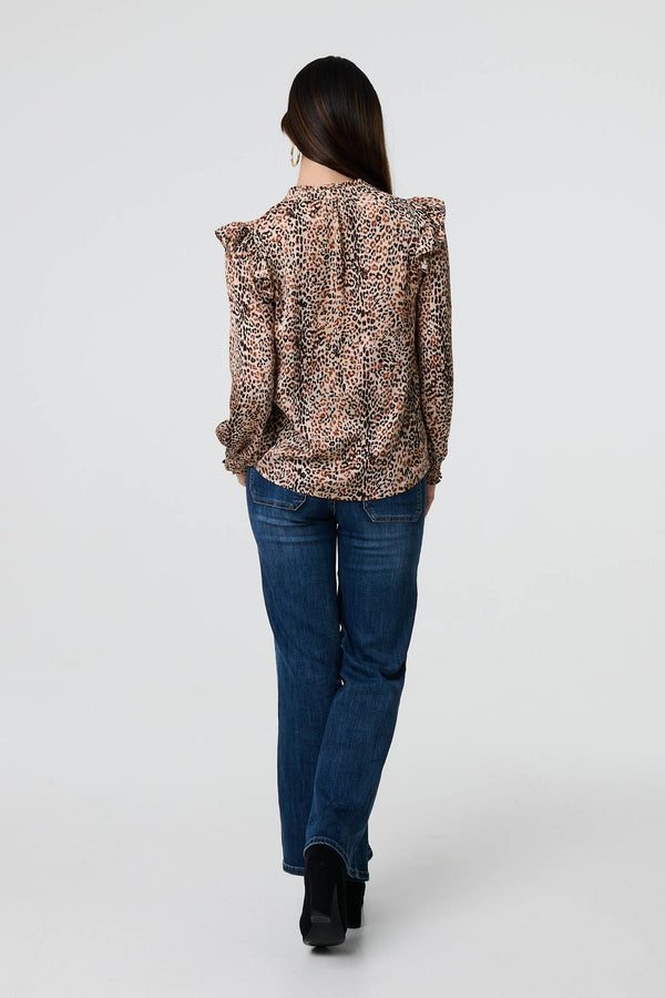 Beige | Animal Print Tie-Up Keyhole Neck Blouse