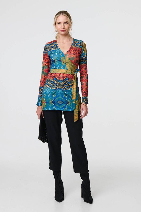 Blue | Printed Tie Waist Long Sleeve Wrap Tunic Top