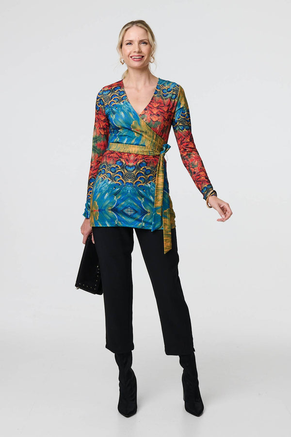 Blue | Printed Tie Waist Long Sleeve Wrap Tunic Top