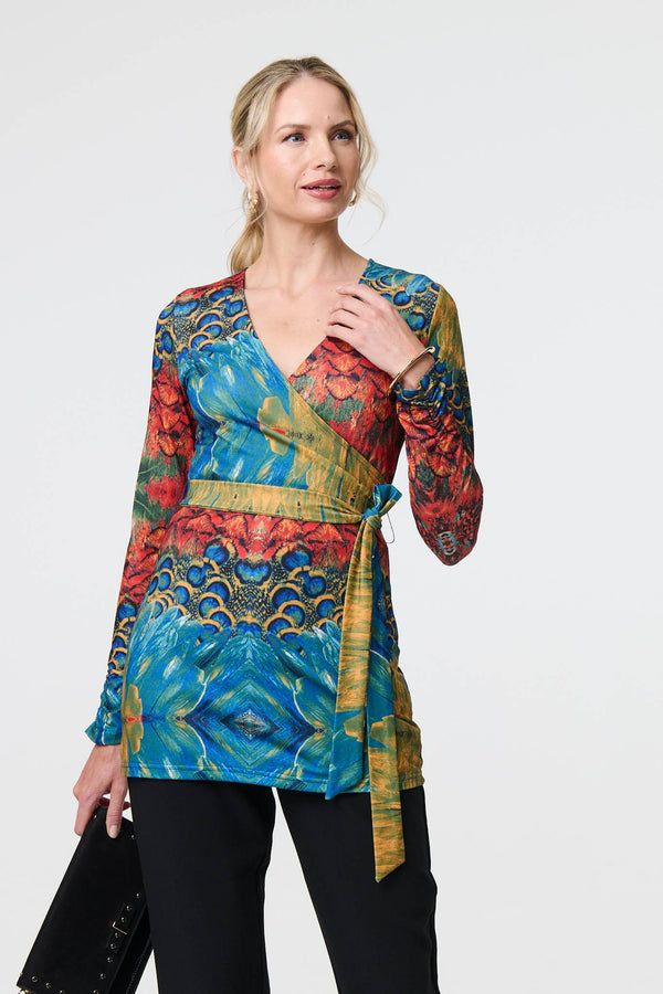 Blue | Printed Tie Waist Long Sleeve Wrap Tunic Top