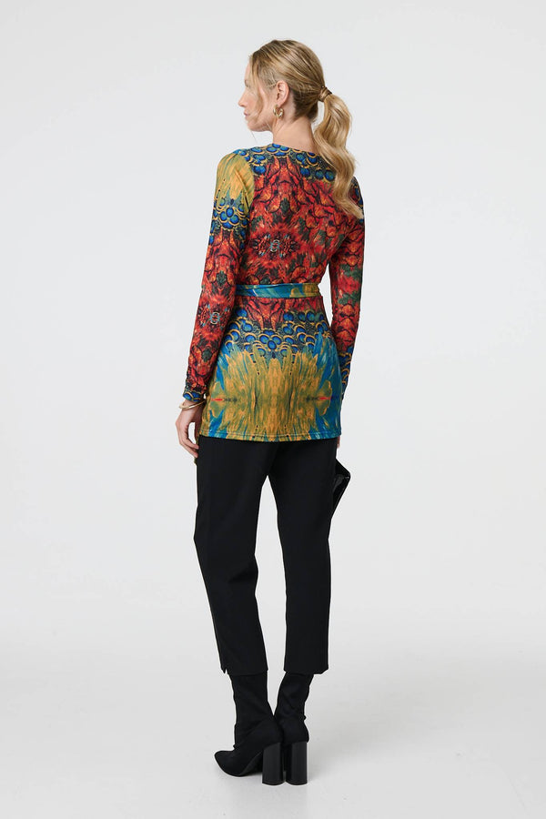 Blue | Printed Tie Waist Long Sleeve Wrap Tunic Top