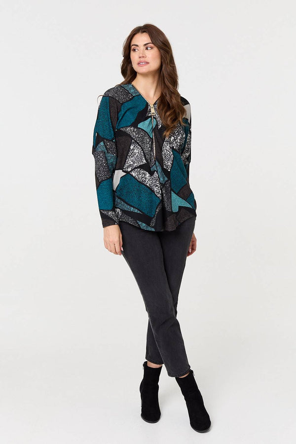 Teal | Abstract Print Zip-Front Long Sleeve Top