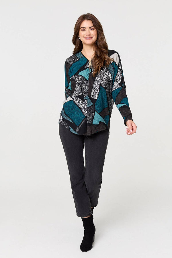 Teal | Abstract Print Zip-Front Long Sleeve Top
