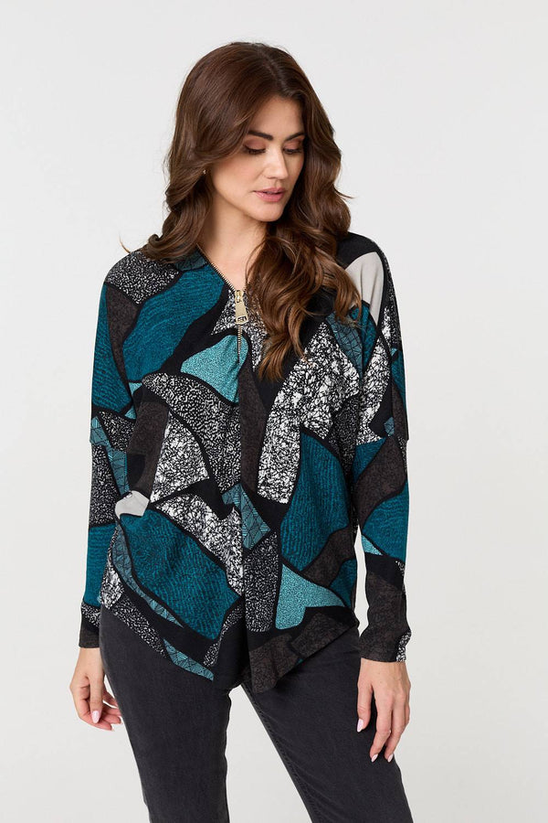 Teal | Abstract Print Zip-Front Long Sleeve Top