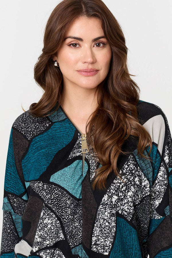 Teal | Abstract Print Zip-Front Long Sleeve Top