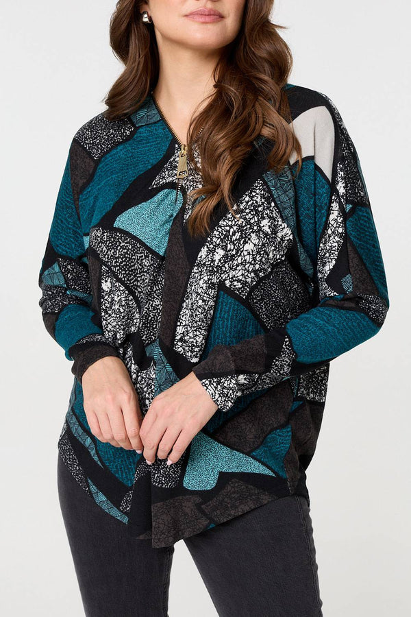 Teal | Abstract Print Zip-Front Long Sleeve Top