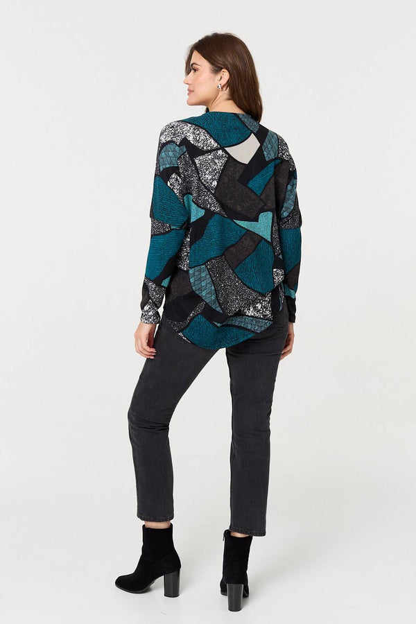 Teal | Abstract Print Zip-Front Long Sleeve Top