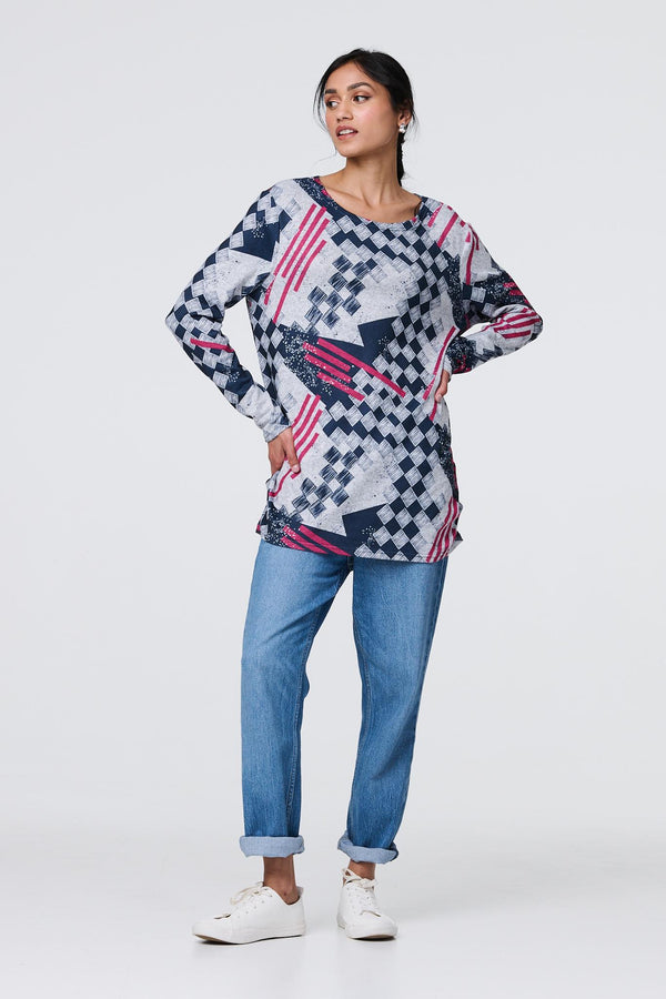 Grey | Geo Print Long Sleeve Tunic Top