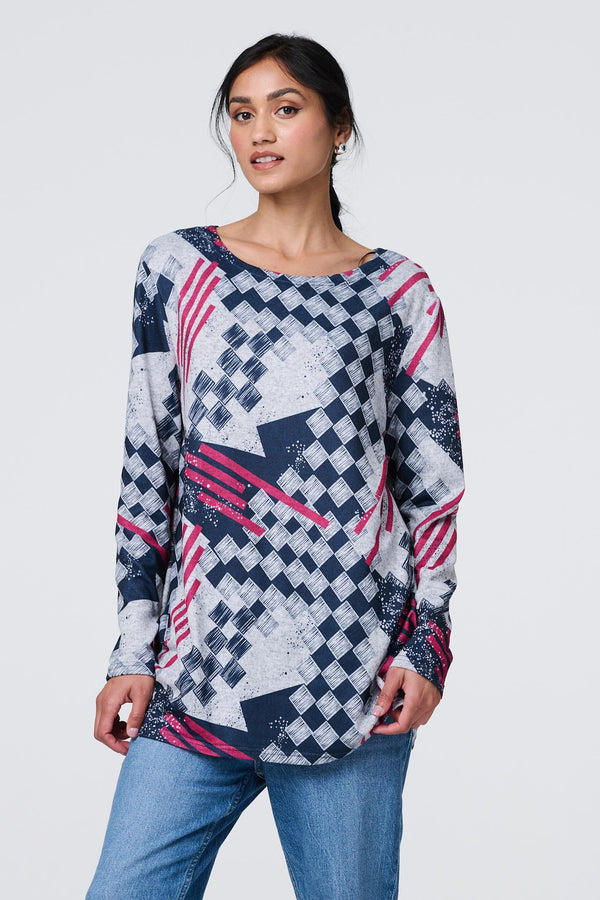 Grey | Geo Print Long Sleeve Tunic Top