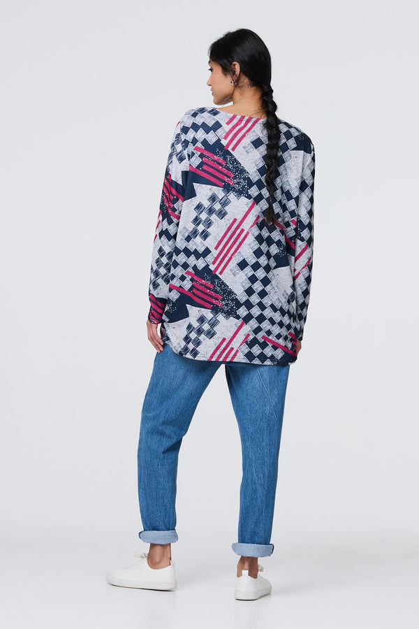Grey | Geo Print Long Sleeve Tunic Top