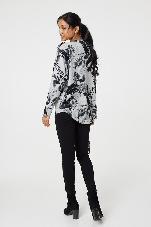 Grey | Floral Zip Front V-Neck Sweatshirt