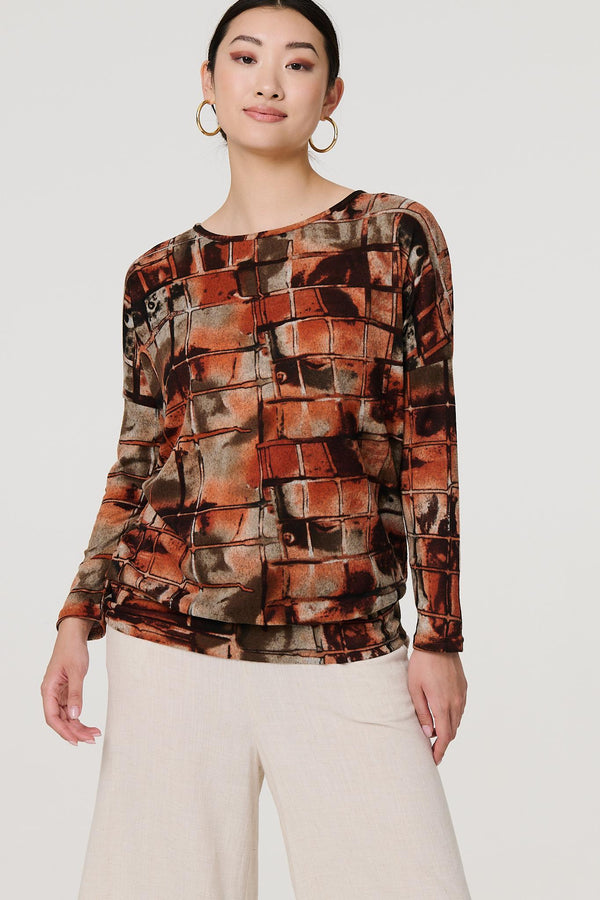Rust | Abstract Long Sleeve Scoop Neck Top