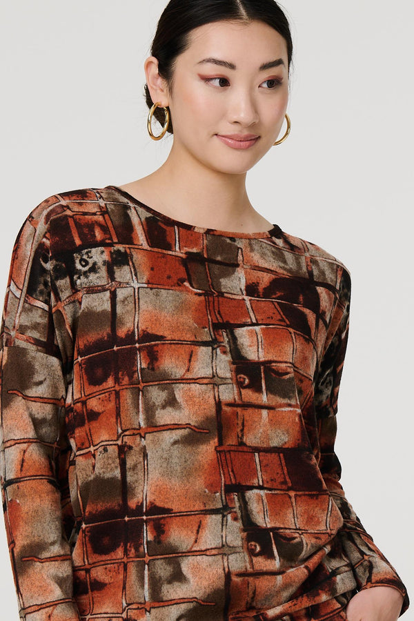 Rust | Abstract Long Sleeve Scoop Neck Top