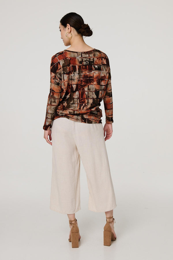 Rust | Abstract Long Sleeve Scoop Neck Top