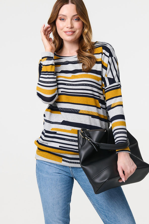 Mustard | Striped Long Sleeve Drop Shoulder Top