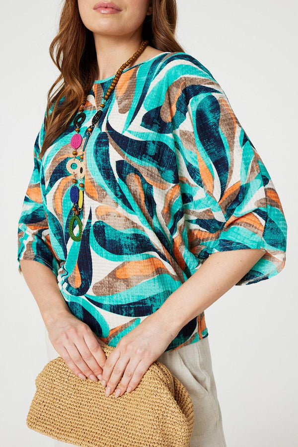 Green | Printed Oversized Top with Necklace