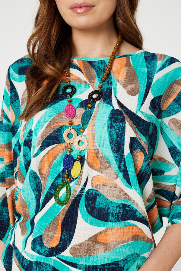 Green | Printed Oversized Top with Necklace