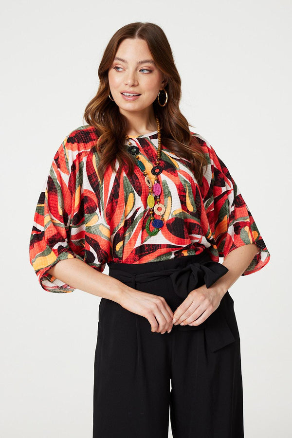 Orange | Printed Oversized Top with Necklace