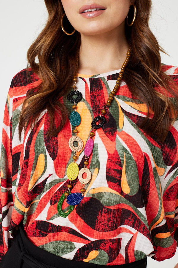 Orange | Printed Oversized Top with Necklace
