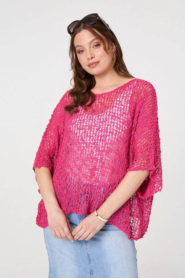 Pink | Crochet Knit Texture Batwing Sleeve Top