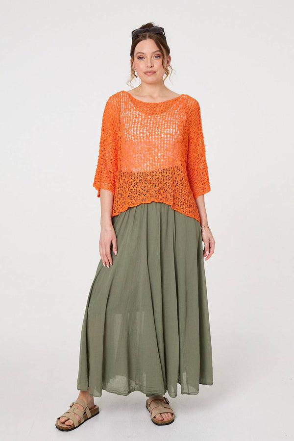 Orange | Crochet Knit Texture Batwing Sleeve Top