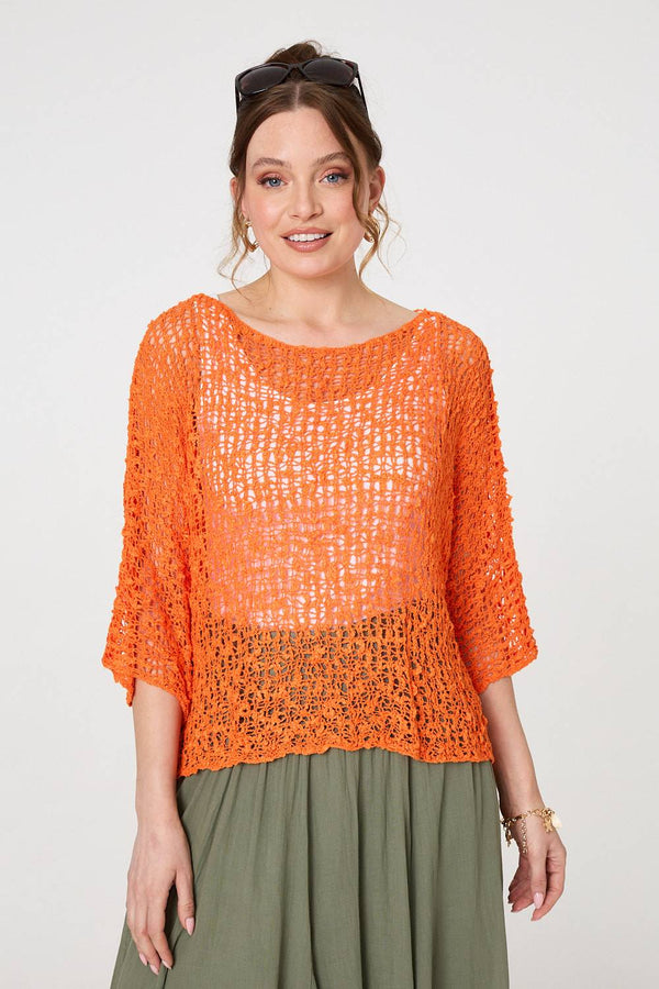 Orange | Crochet Knit Texture Batwing Sleeve Top
