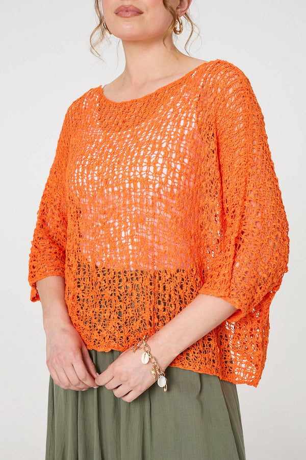 Orange | Crochet Knit Texture Batwing Sleeve Top