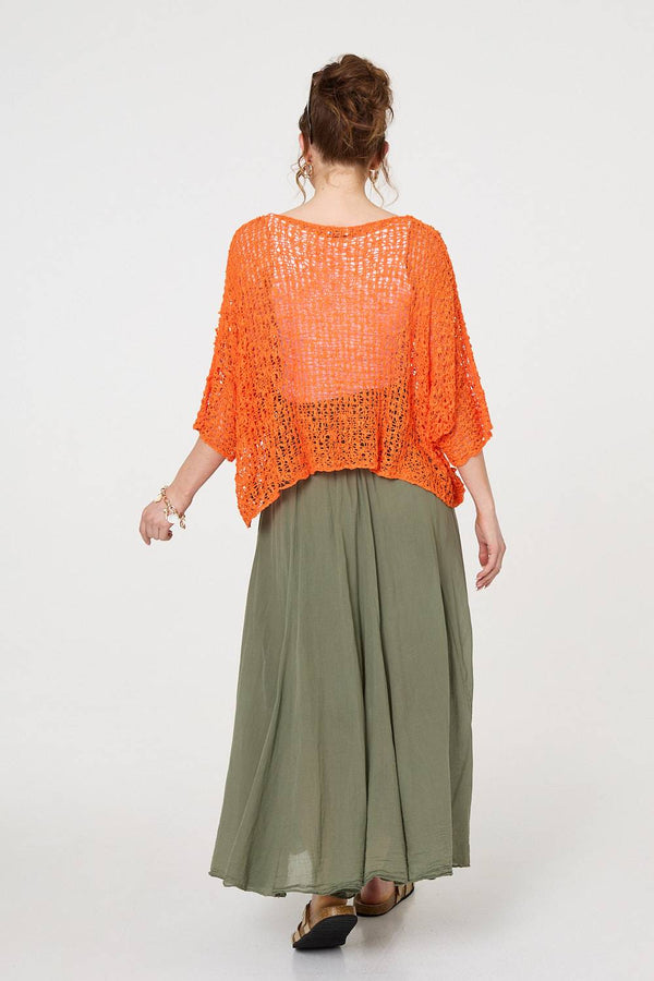 Orange | Crochet Knit Texture Batwing Sleeve Top
