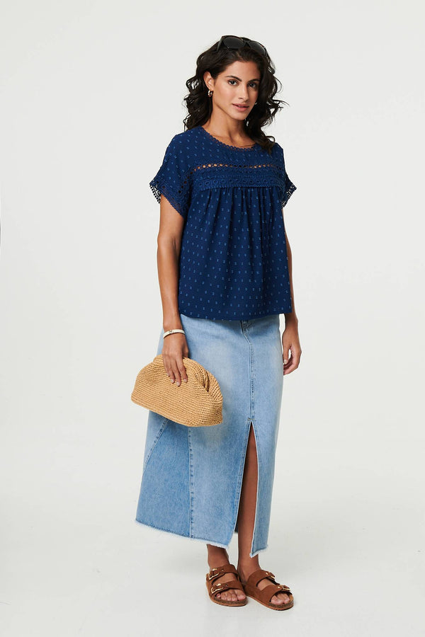 Navy | Lace Trim Short Sleeve Button Back Blouse