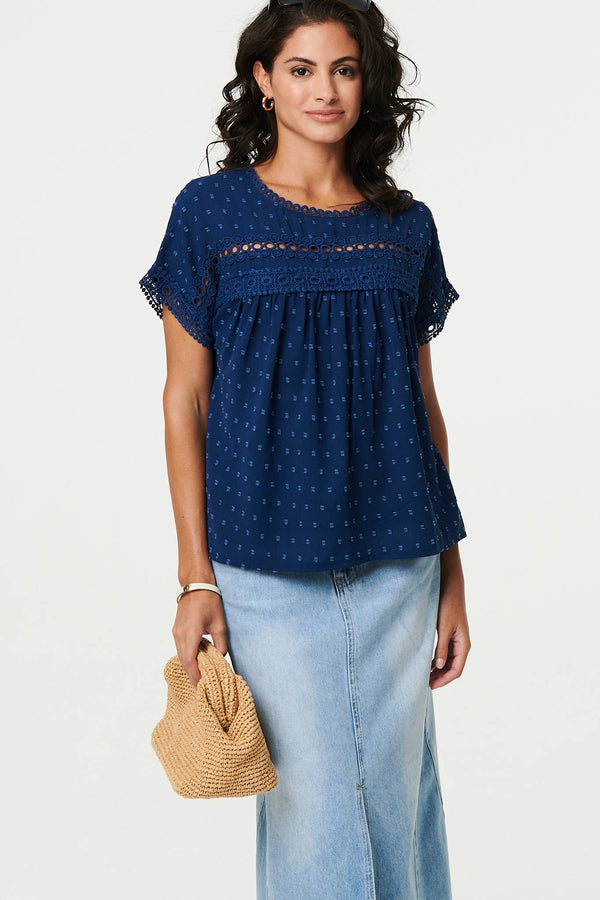 Navy | Lace Trim Short Sleeve Button Back Blouse