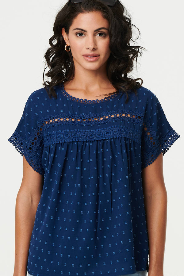 Navy | Lace Trim Short Sleeve Button Back Blouse