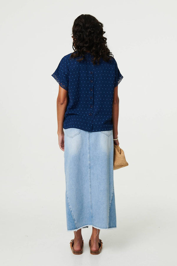 Navy | Lace Trim Short Sleeve Button Back Blouse