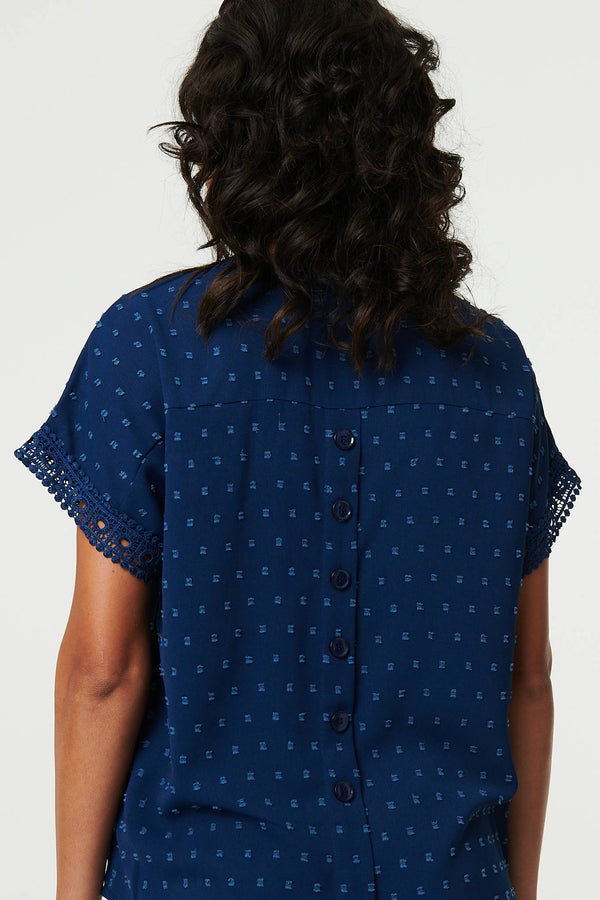 Navy | Lace Trim Short Sleeve Button Back Blouse