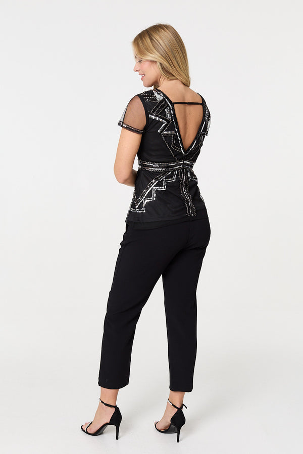 Black | Geometric Sequin Mesh Short Sleeve Top