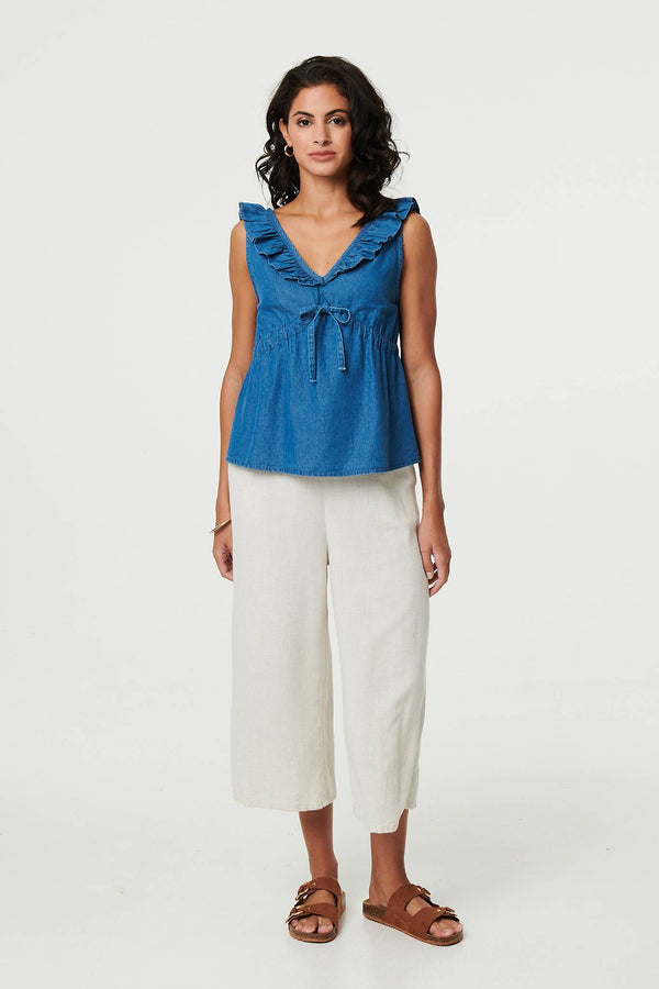 Blue | Denim Frill Trim V-Neck Peplum Top