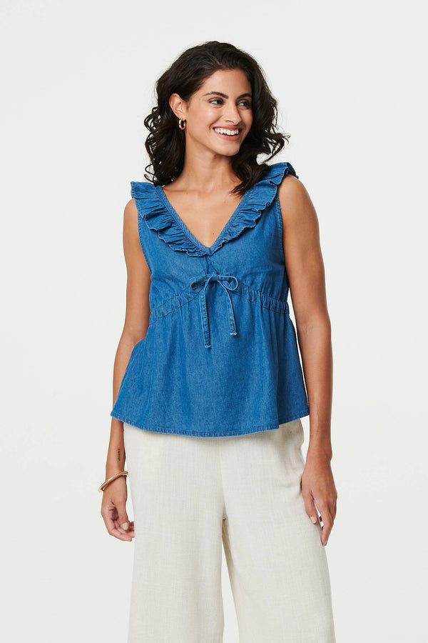 Blue | Denim Frill Trim V-Neck Peplum Top