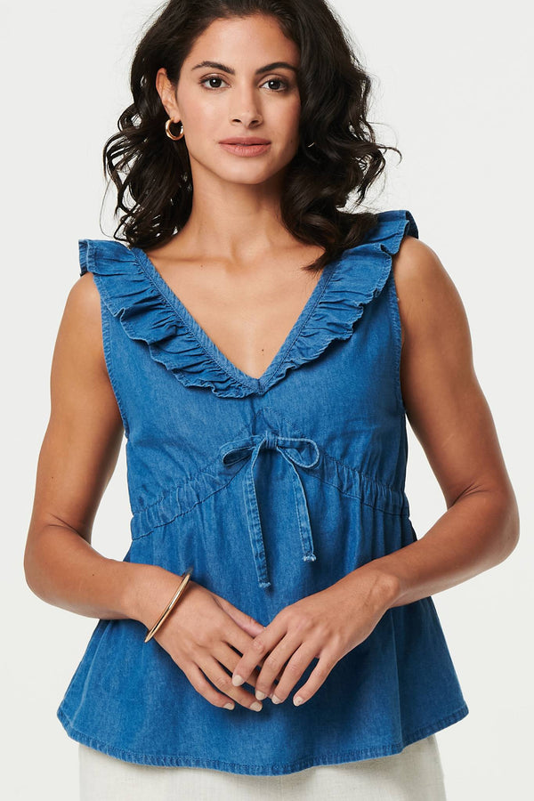 Blue | Denim Frill Trim V-Neck Peplum Top