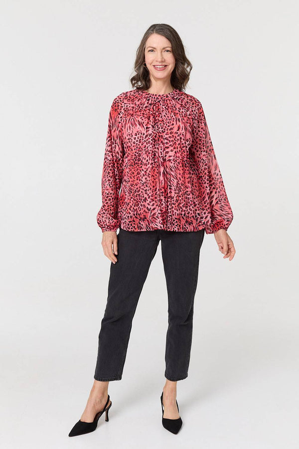 Pink | Animal Print Long Sleeve Tunic Blouse