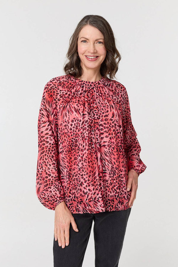 Pink | Animal Print Long Sleeve Tunic Blouse